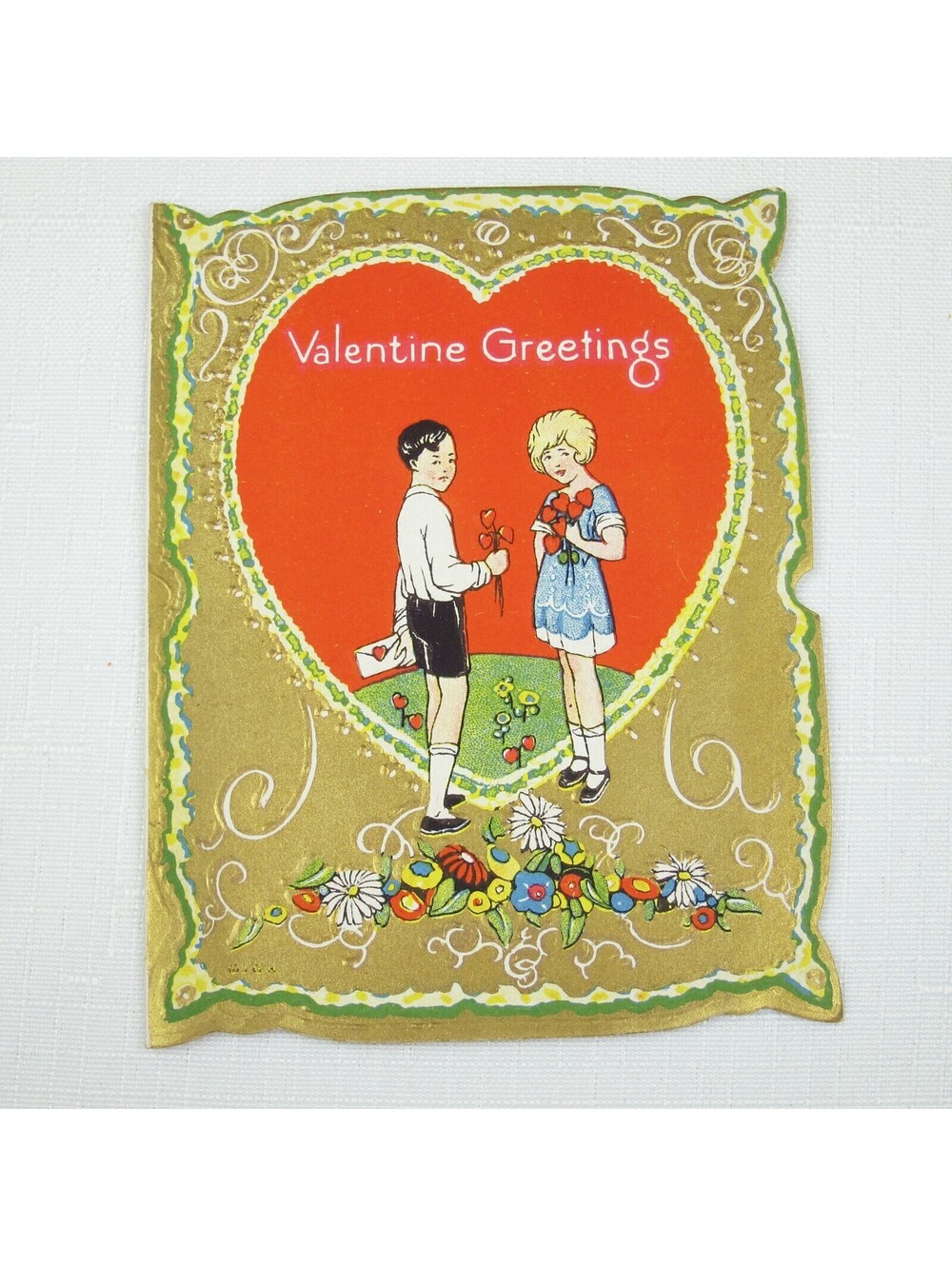 Vintage Valentine Die cut Fold Card Boy & Girl Gold Embossed 1920s-30s UNSIGNED